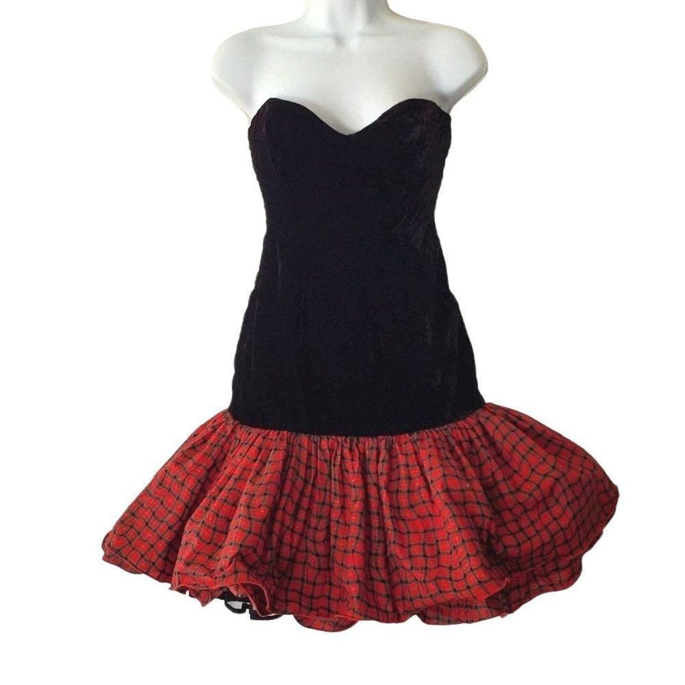 Prom Pouf Skirt Dress Vintage 80s Black Velvet Mini Formal Women XS VFG